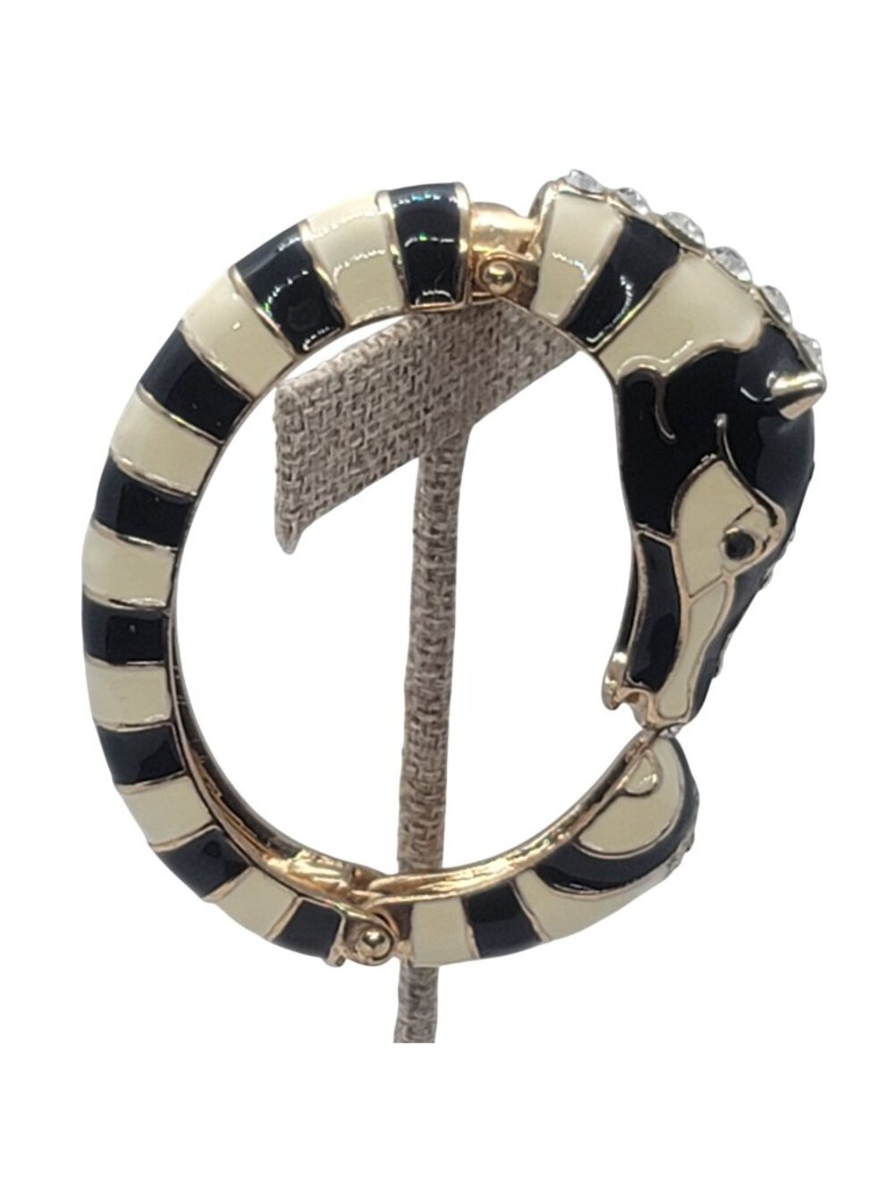 Zebra Head Enamel Rhinestone Clamper Bangle Bracelet Black Ivory Gold-Tone 1960s